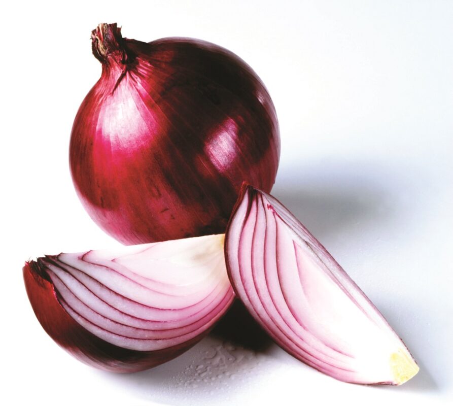 Red onion with two cut sections