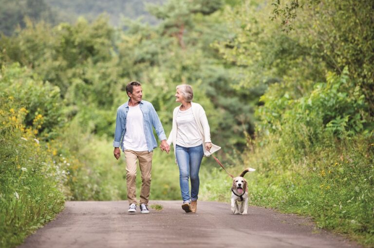 Happy senior couple on a walk with dog in nature