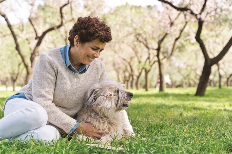 Portrait of retired woman caressing dog at park in springtime