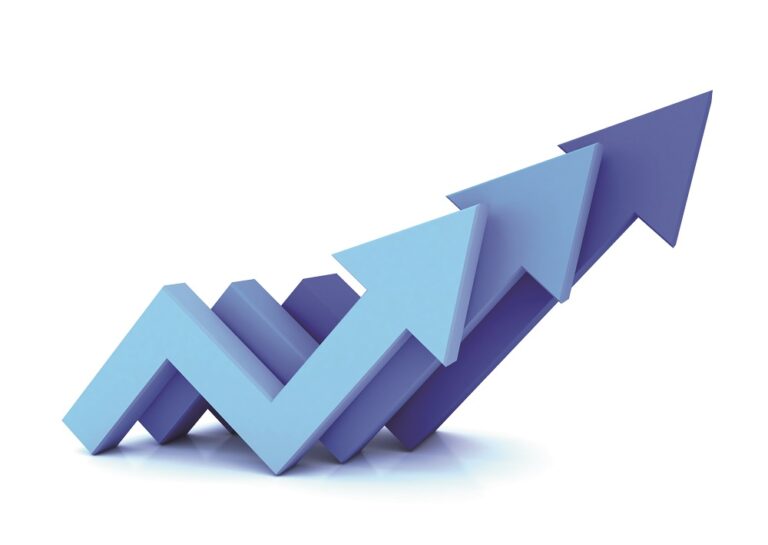 Three blue arrows pointing up isolated on white