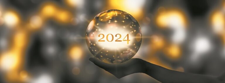 fortunetelling 2024 with a golden crystal ball in a hand, festive atmosphere for happy new year party or award ceremony or other holiday celebrations, 3d illustration