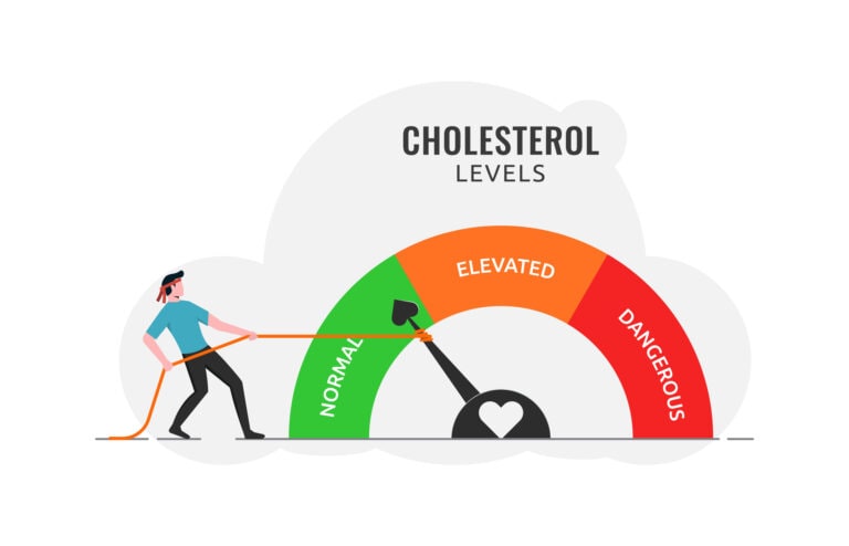 Cholesterol level meter gauge with arrow indicator for healthcare and heart health analysis, high and low fat test, blood risk and good or bad health control, a man pulling rope to normal position
