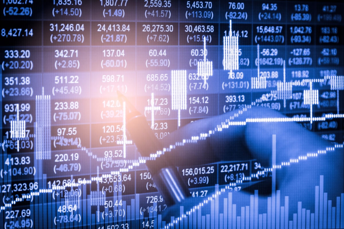 Index graph of stock market financial indicator analysis on LED. Abstract stock market data trade concept. Stock market financial data trade graph background. Global financial graph analysis concept.