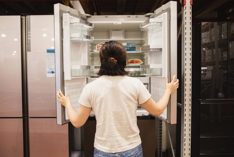 Asian woman shopping for refrigerator