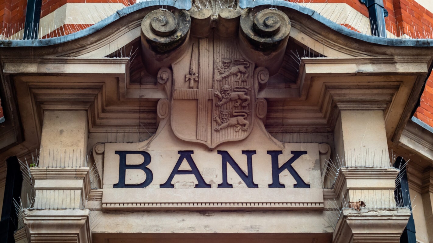 Generic British High Street Banks Sign. UK Banks stopping account holders buying using or processing crypto related transactions as traditional banking industry declares war on crypto currencies