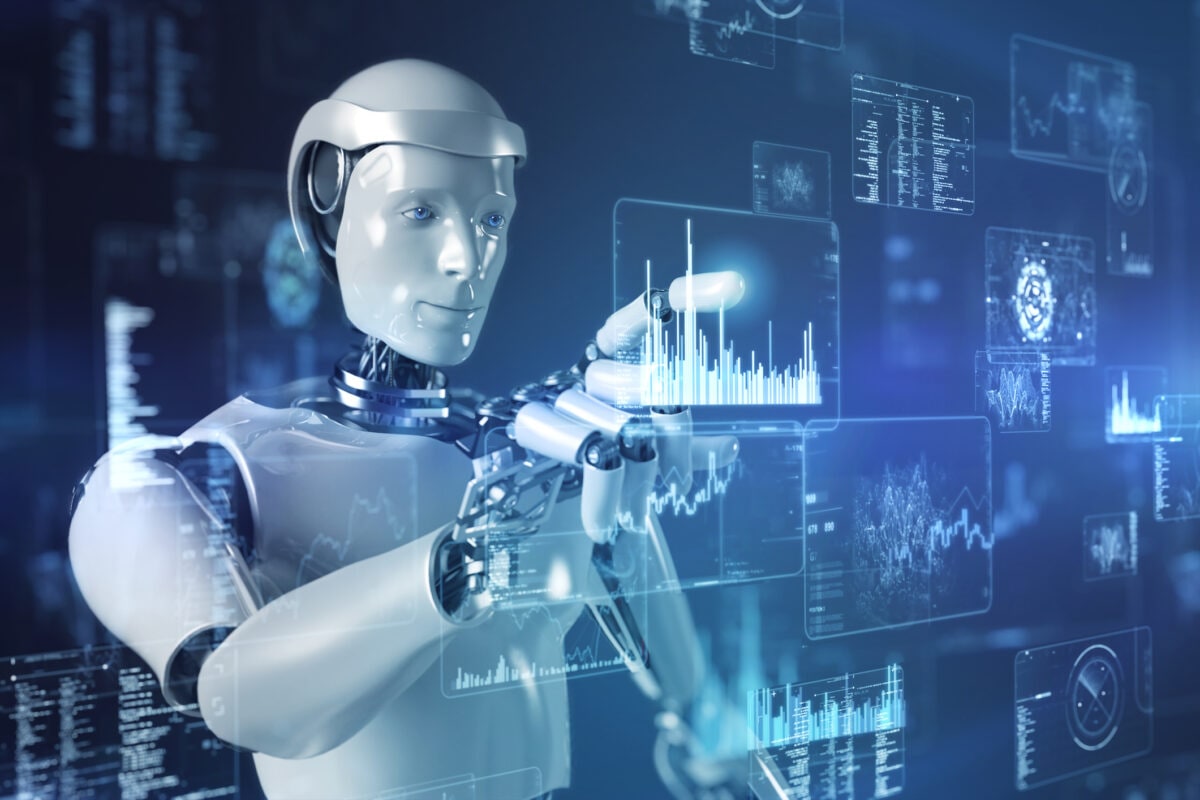Artificial intelligence robot control futuristic data screen