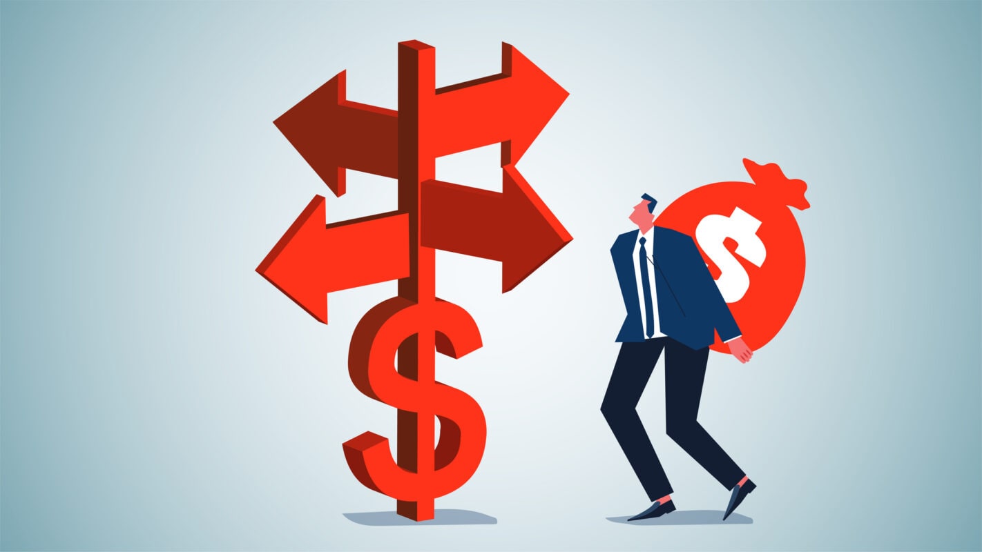 The problem of investing and where to invest, where to invest, the problem of money, investment choices and crossroads, the businessman standing at the crossroads of the dollar with a bag of money