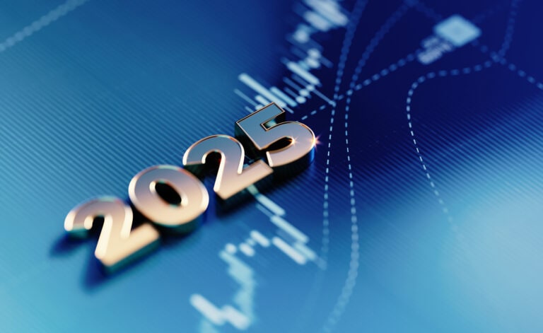 Gold Colored 2025 On Blue Financial Graph Background