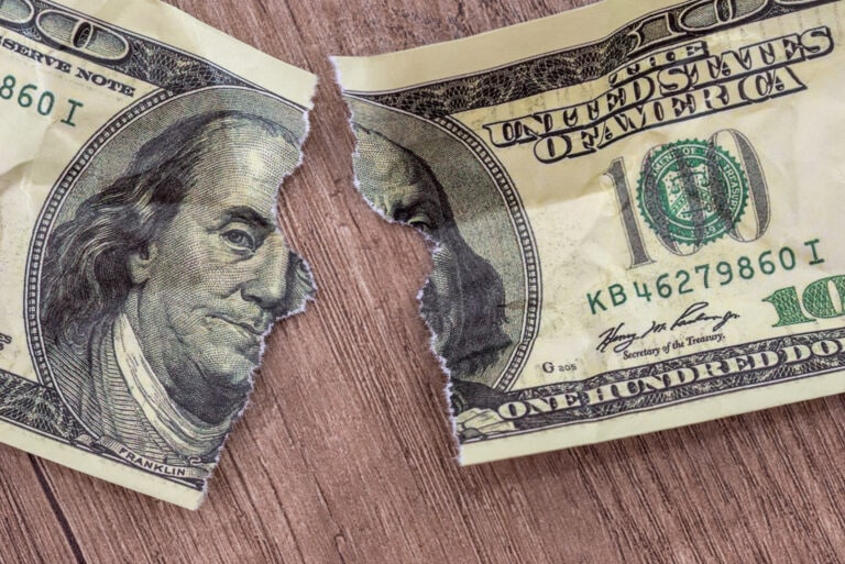 Dollars bill torn as background.
