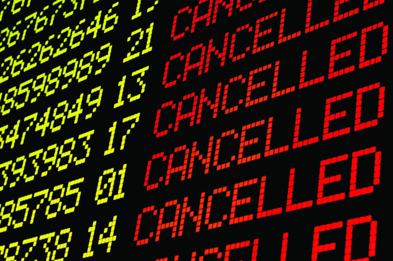 Cancelled flights on airport board