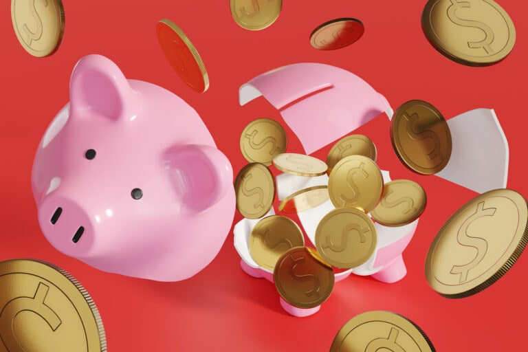 Pink piggy bank was broken and gold coins jumping into mid air on red background. Illustration of the concept of bankruptcy, emergency grants, loans and money